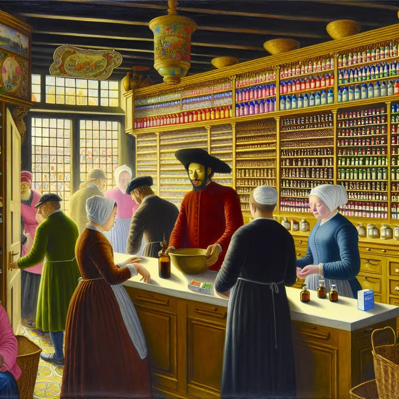 Een levendige apotheek met enthousiaste medewerkers en klanten die hun medicijnen ontvangen, omgeven door kleurrijke medicijnflessen en kruidenremedies.