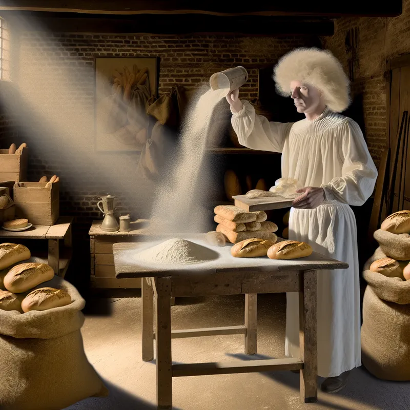 Een traditionele Nederlandse bakkerij met een bakker die aan een tafel staat, omringd door meel en rijzende broden