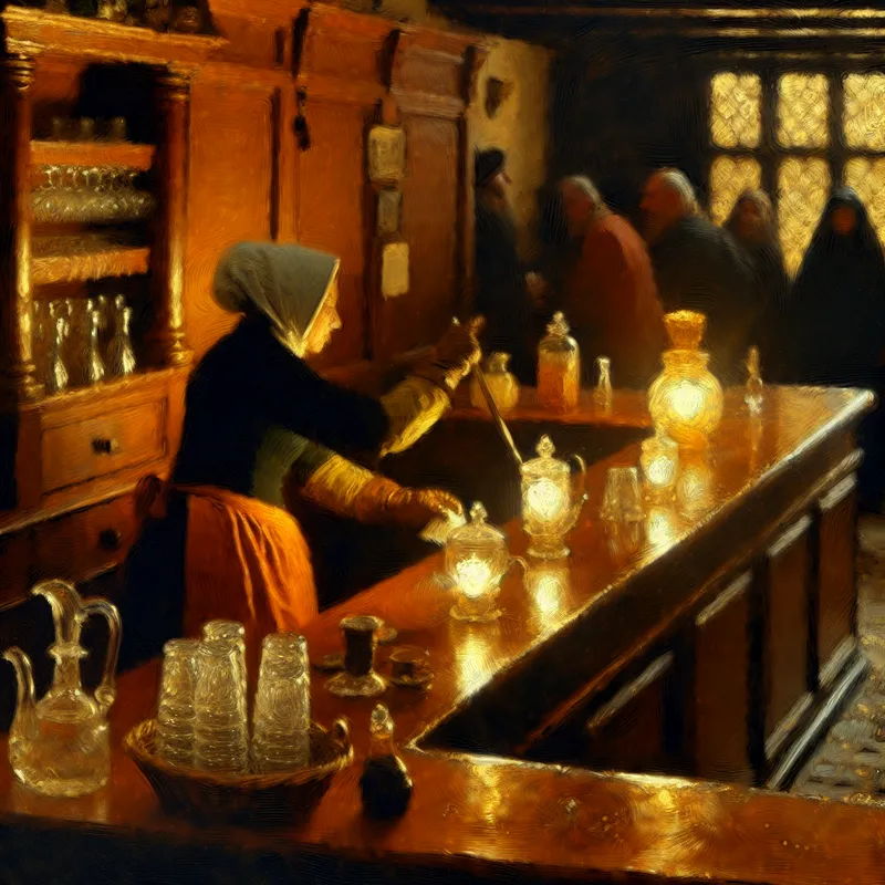 Gedetailleerde Rembrandt-stijl schilderij van een gezellige café-toonbank waar een barkeeper glazen poetst in warm licht