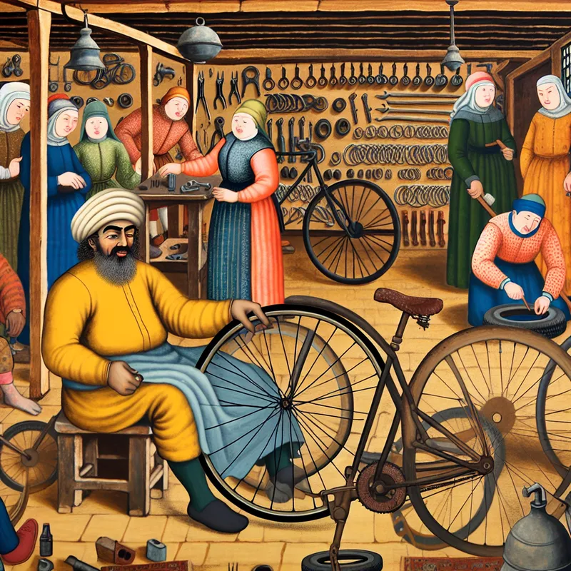 Joviale fietsenmaker repareert een fietsband in een traditionele Nederlandse fietsenwinkel