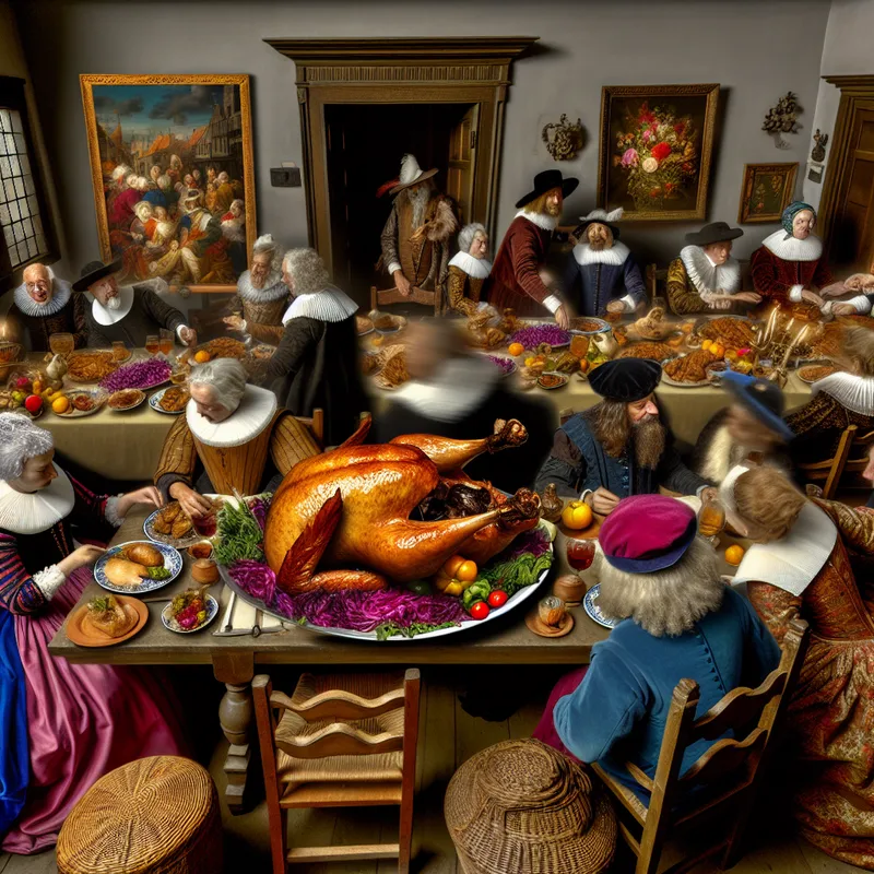 Gezellige Nederlandse dinertafel met een prachtig gebraden gans als middelpunt, omringd door traditionele bijgerechten.