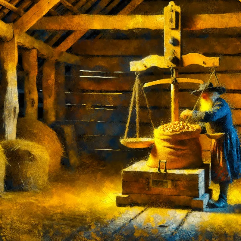 19e-eeuwse Nederlandse boer weegt een zak aardappelen op een traditionele weegschaal in een zonnige schuur, Van Gogh-stijl