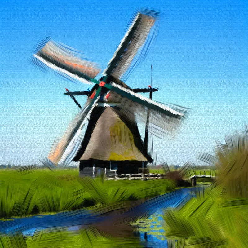 Een draaiende traditionele Nederlandse windmolen tegen een heldere blauwe lucht, omgeven door groene velden en een kabbelend beekje.