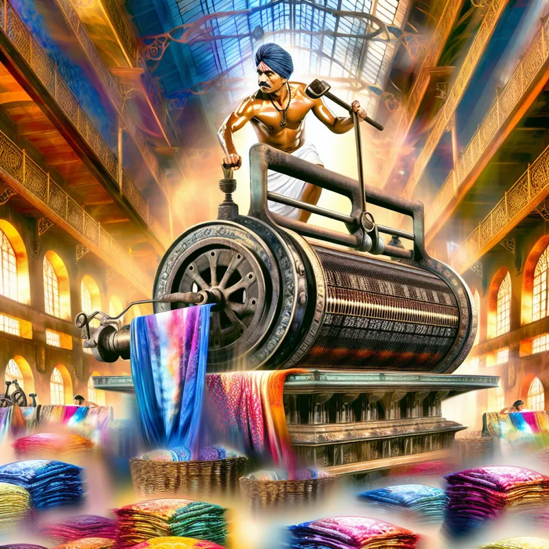 Een sterke werknemer bedient een vintage mangel in een traditionele textielfabriek, met kleurrijke stoffen en motten van stof zichtbaar in het licht.