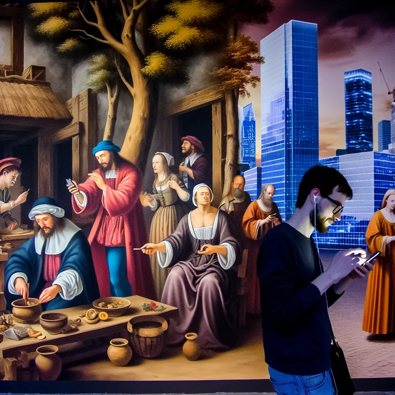Een levendige scène die de tegenstelling tussen traditionele en moderne perspectieven weergeeft, met mensen in historische kleding die betrokken zijn bij traditionele activiteiten en mensen in moderne kledij voor een wolkenkrabber.