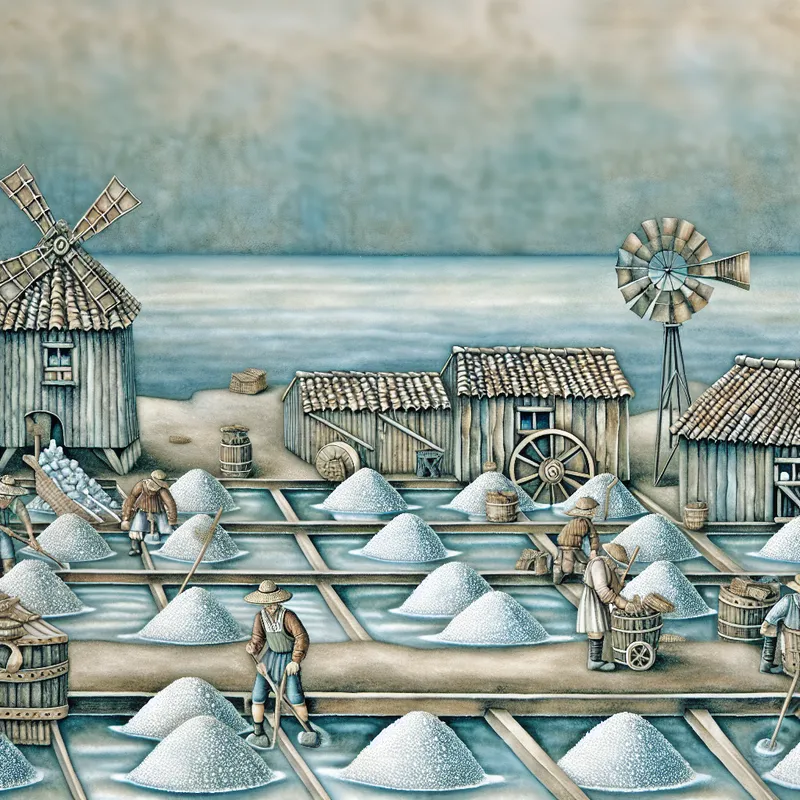 Ouderwetse zoutwinning aan zee met arbeiders die zout oogsten uit glinsterende poelen, in nostalgische Anton Pieck-stijl