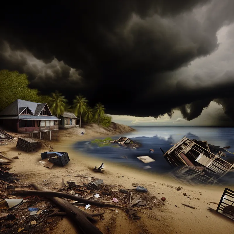 Hyper-realistische afbeelding van een tragisch ongeval op het strand met wrakstukken, een deels ondergelopen strandhuis en donkere stormachtige wolken.