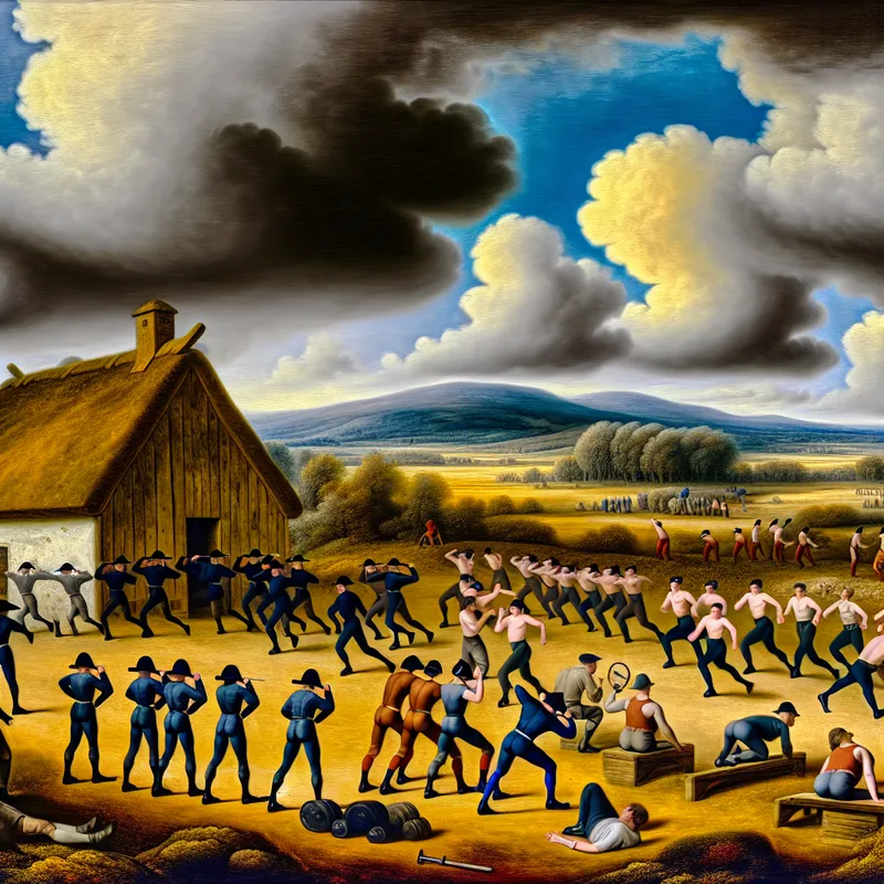 Een dramatisch landschap met een trainingskamp waar soldaten fysiek trainen, met een diverse groep nieuwelingen in formatie marcheren voor een rustieke houten schuur, tegen een majestueuze lucht vol wolken.