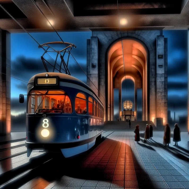 Hyperrealistische surrealistische voorstelling van tramlijn 8 bij schemering, met een vintage tram die aankomt bij een monumentale halte in een verlaten stedelijke omgeving