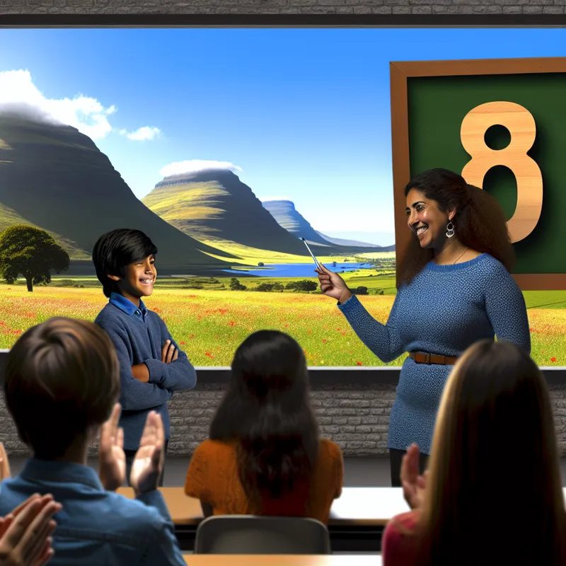 Leraar geeft feedback aan leerling in klaslokaal met uitzicht op een prachtig landschap