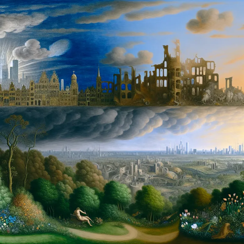 Een dramatisch stadslandschap dat de transformatie van een stad toont, met een levendige skyline die overgaat in een vervallen stedelijke omgeving.