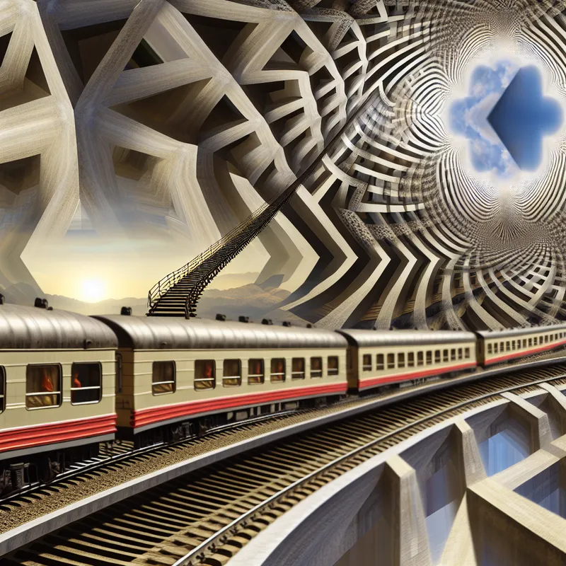 Surrealistische trein die door een onmogelijke tunnel met Escher-achtige patronen passeert, illustrerend het concept van verplaatsing langs een route