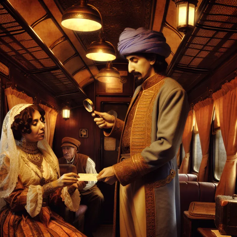 Treinconducteur inspecteert kaartje van passagier met vergrootglas in nostalgische treinwagon