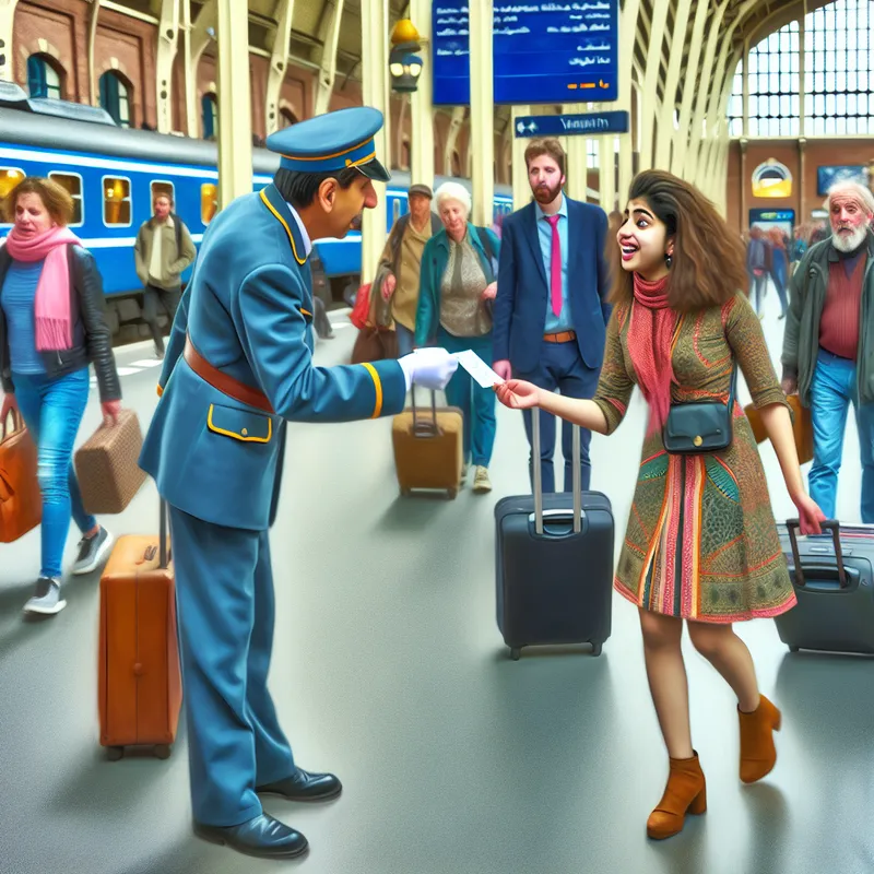 Een jonge vrouw toont haar treinkaartje aan een conductor op een druk treinstation.