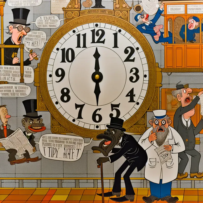 Karikaturale treinstationklok die 8 uur aangeeft met haastende personages en een vertrekkende trein op perron drie