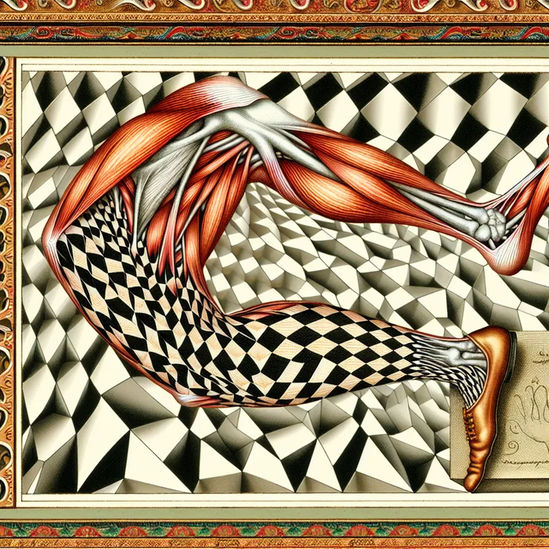 Surrealistische illustratie van een menselijk been met transparante huid die onderliggende spieren toont, met optische illusies en geometrische patronen die trekkende pijn uitbeelden in de stijl van M.C. Escher