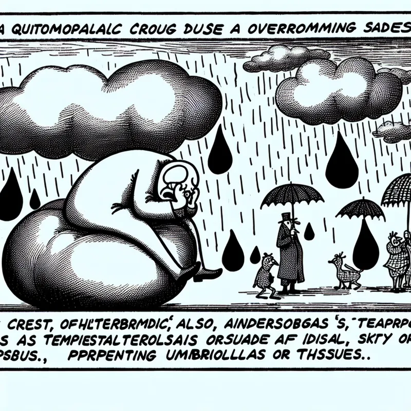 Een cartoonfiguur op een grote wolk, omringd door grote tranen die vallen als regen, met een treurig gezicht terwijl cartoondieren hulp aanbieden.