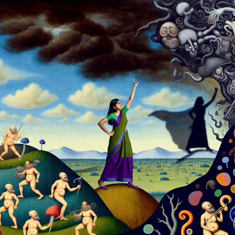 Een vrouw staat triomfantelijk op een heuvel, omringd door bizarre wezens en een uitdagende omgeving, symboliseert overwinning op ziekte.