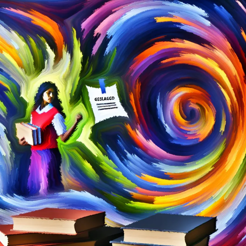 Abstract kunstwerk van een student die triomfantelijk een papier met 'Geslaagd' vasthoudt