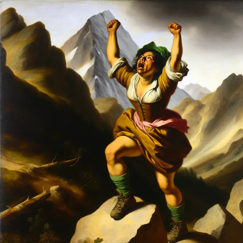 Vrolijke klimmer op bergtop met armen omhoog, roept 'Joe!' uit opluchting na zware beklimming