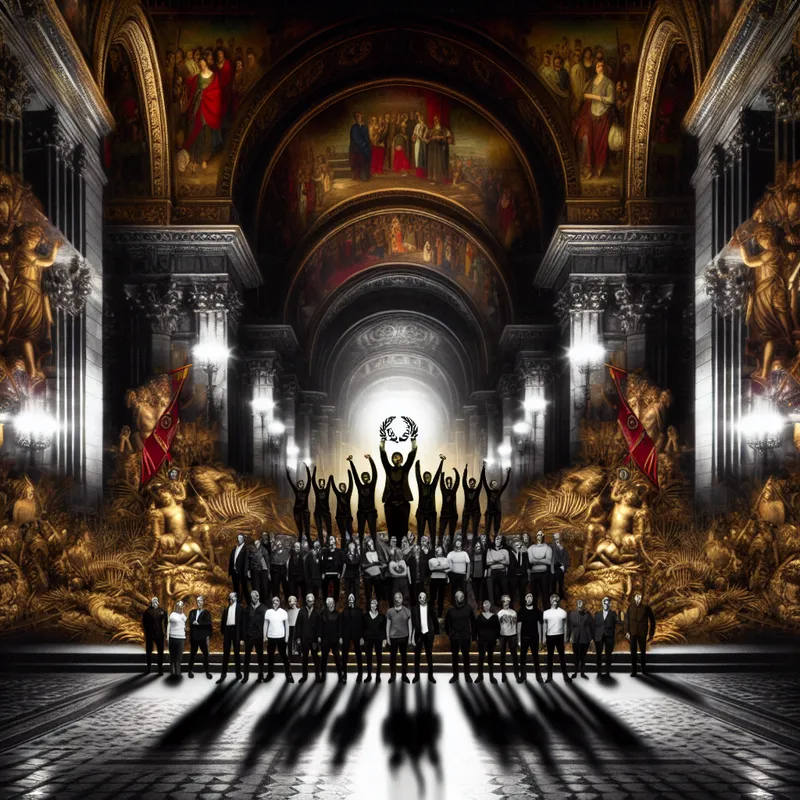 Een donkere, provocatieve scène van een teamoverwinning in een gotische hal