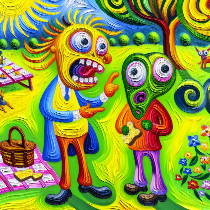 Twee animatiefiguren in een zonnig park bespreken een onbelangrijk onderwerp naast een kleurrijke picknick.