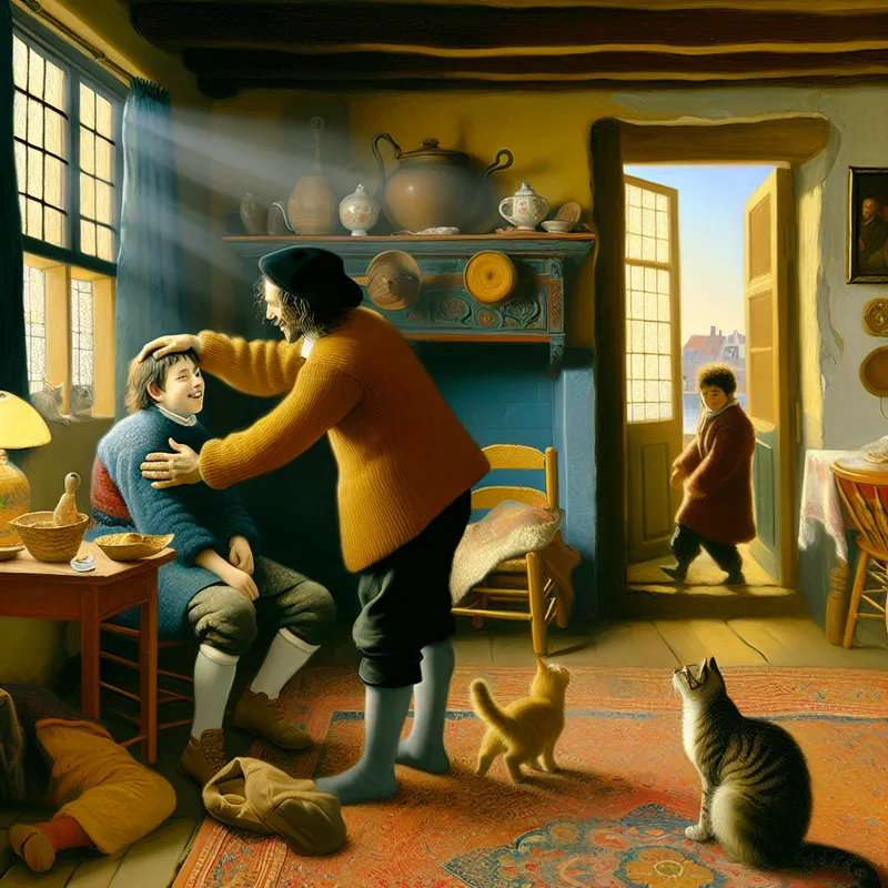 Een ouder die liefdevol het hoofd van hun kind streelt in een gezellige woonkamer vol leven.