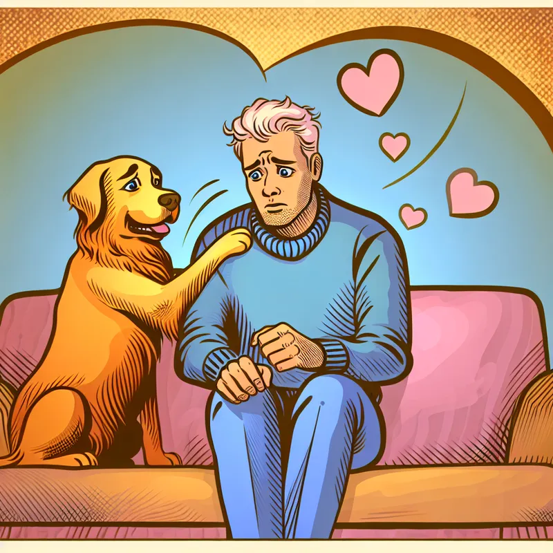 Een cartoonachtig tafereel van een persoon op een comfortabele bank, zichtbaar verdrietig, terwijl een vriendelijke hond hen troost met een tik op de schouder.