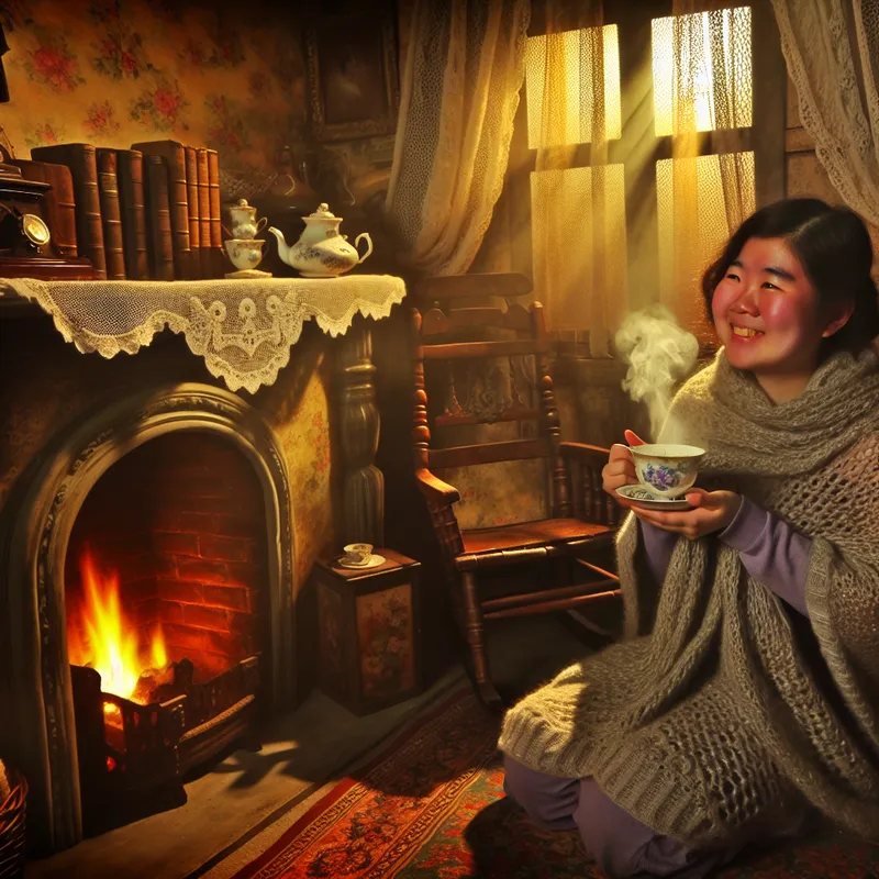 Persoon geniet van troostende warmte bij een knapperend haardvuur met een kopje thee in een nostalgische woonkamer