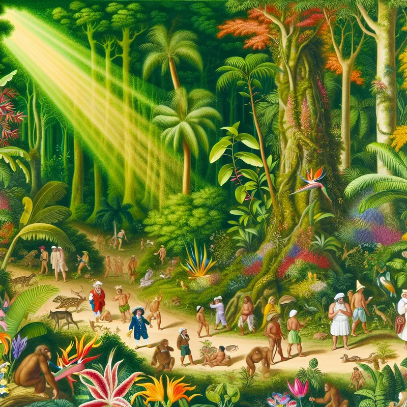 Vibrante tropische regenwoudscène met diverse kleine figuren die de natuur verkennen en exotische dieren observeren.