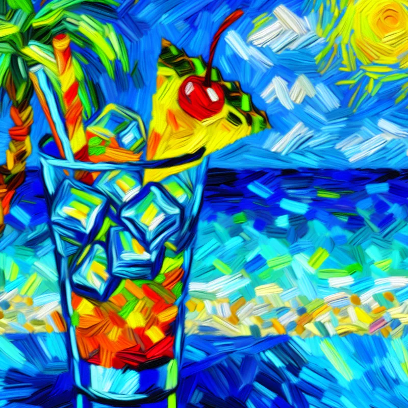 Een tropische cocktail in een hoog glas, gevuld met ijs en versierd met een schijfje ananas en een kers, met een kleurrijke strandachtergrond.