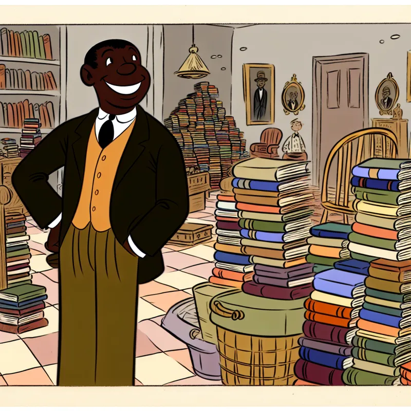 Persoon in een gezellige kamer omringd door hoge stapels boeken, glimlachend en trots op hun collectie