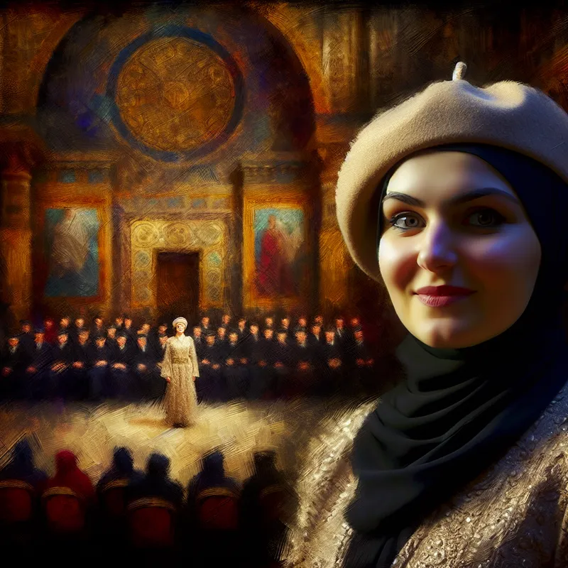 Een trotse jonge vrouw met een prachtig baret tijdens een ceremoniële gebeurtenis in een klassieke setting