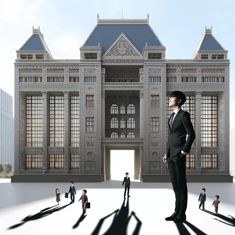 Een jongvolwassene toont trots bij een indrukwekkend familiebedrijf, omringd door schaduwen van spelende kinderen.