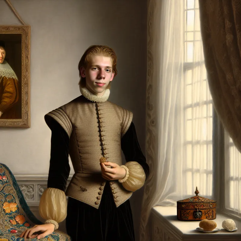 Een jonge man in elegante kleding staat trots naast een raam, terwijl natuurlijk licht op hem valt. Hij houdt een kleine, versierde doos in één hand en zijn andere hand steunt op een prachtig geborduurd stuk stof op een tafel.