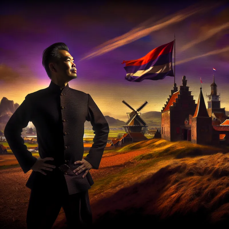 Een trotse persoon in traditionele kledij staat op een heuveltop en kijkt uit over een uitgestrekt landschap dat hun geboorteland vertegenwoordigt.