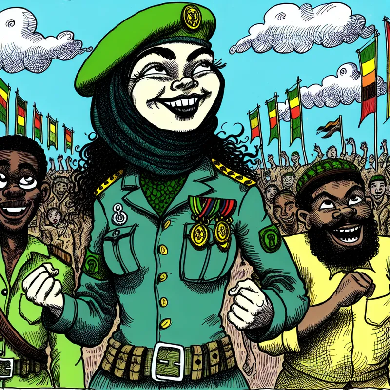 Cartoon van een trotse soldaat met een groene baret, die glimlacht tijdens een militaire parade.