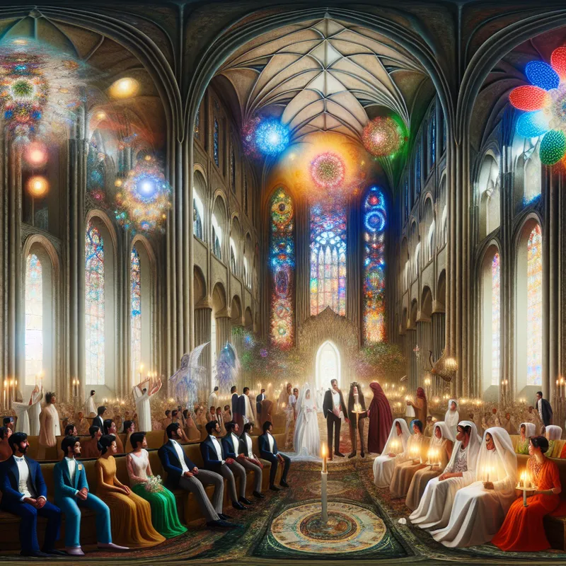 Een serene trouwceremonie in een prachtige kerk met hoge bogen en kleurrijke glas-in-loodramen, met een stralend bruidspaar en vrolijke gasten.