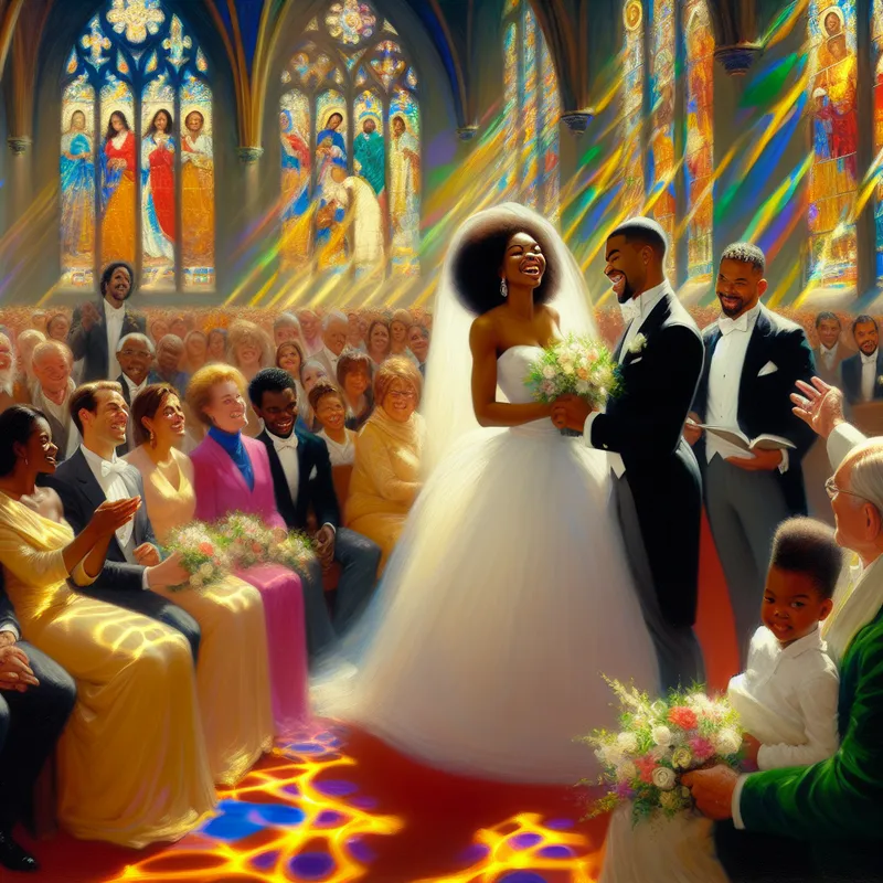 Een levendige trouwceremonie in een prachtig versierde kerk met een stralende bruid en een glimlachende bruidegom.