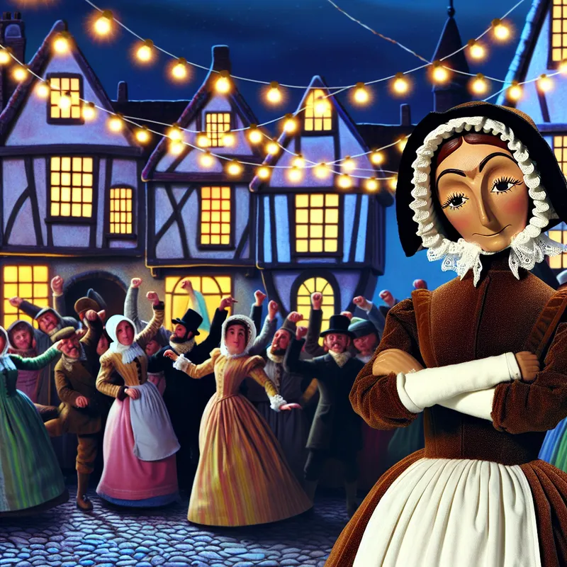 Vrolijke dorpsdans met een preutse vrouw die afkeurend toekijkt, nostalgische stijl van Anton Pieck