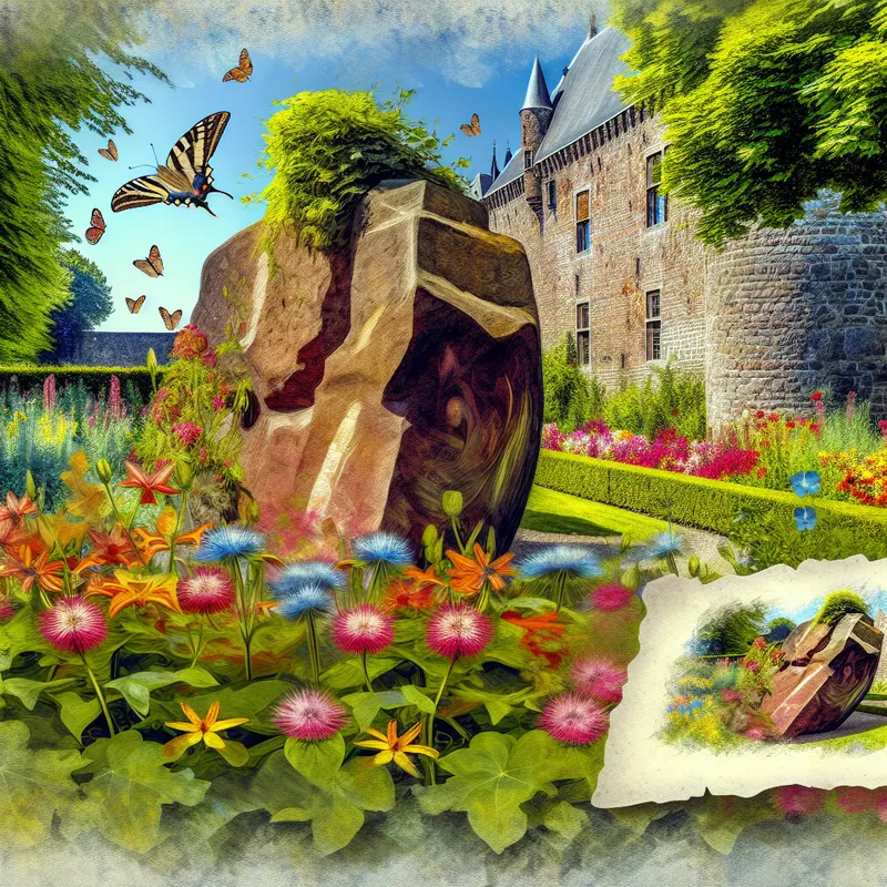 Een pittoreske tuin met een grote, decoratieve steen omringd door kleurrijke bloemen en vlinders, met een oud stenen kasteel op de achtergrond.