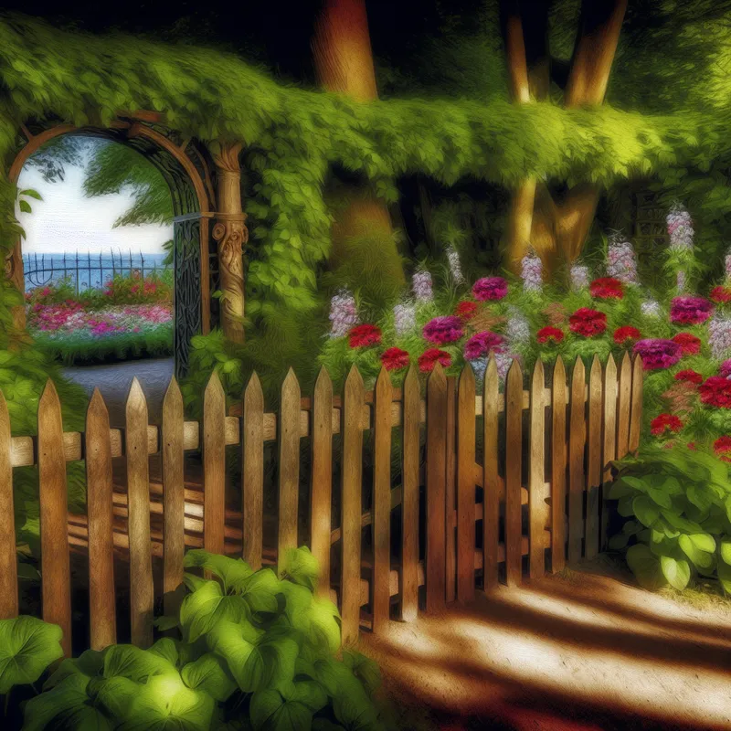 Een schilderachtige tuin omringd door een rustieke houten omheining vol met kleurrijke bloemen en weelderig groen.