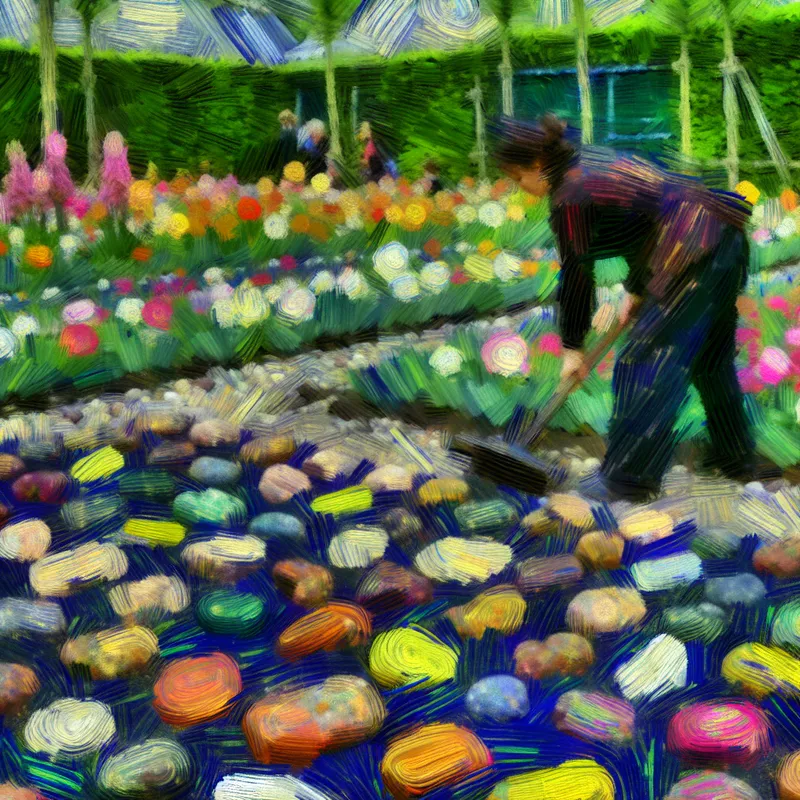 Een persoon legt stenen in een kleurrijke tuin met bloemen en groen, in een stijl die doet denken aan Van Gogh.