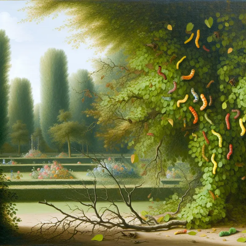 Een tuin met een boom die wordt aangetast door kleurrijke rupsen die de bladeren opeten, terwijl de takken kaal blijven.