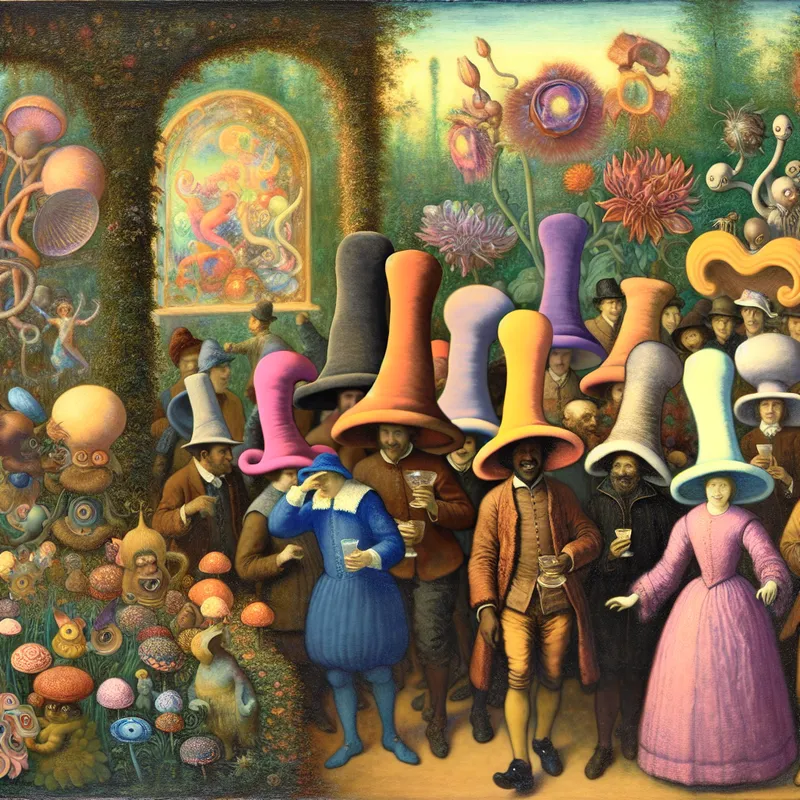 Fantastisch tuinfeest met diverse mensen in grote, kleurrijke bommels (hoeden) omringd door surrealistische wezens, geïnspireerd door de stijl van Hieronymus Bosch.