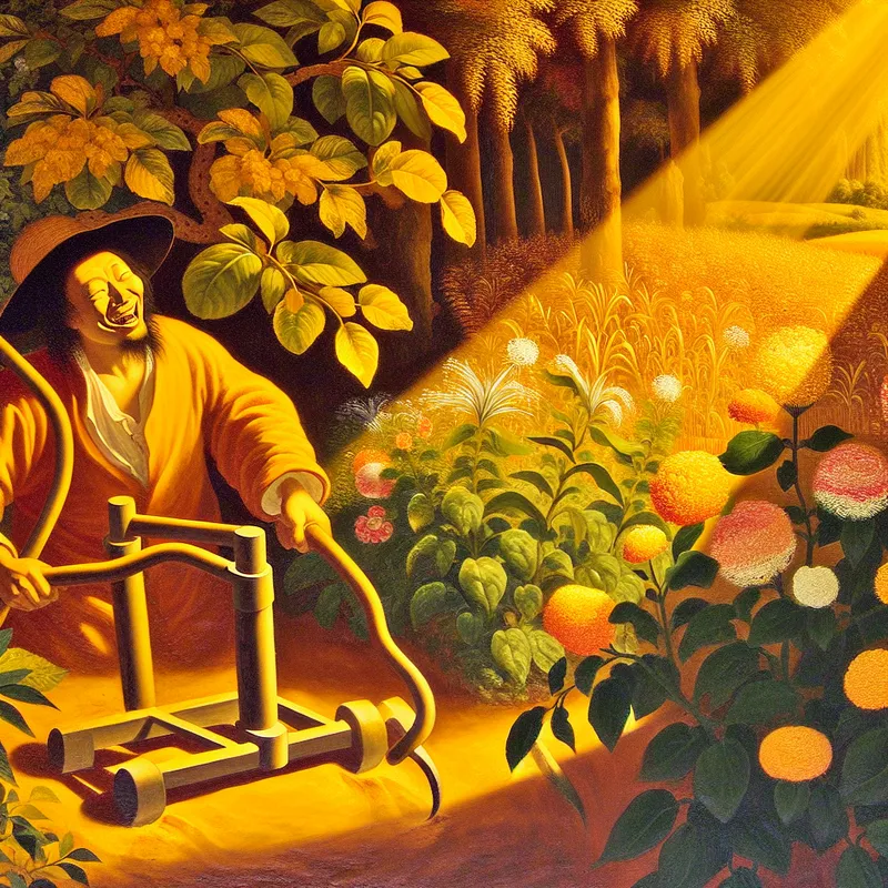 Een gelukkige tuinier gebruikt een nieuwe tuingereedschap in een zonovergoten tuin vol bloemen.