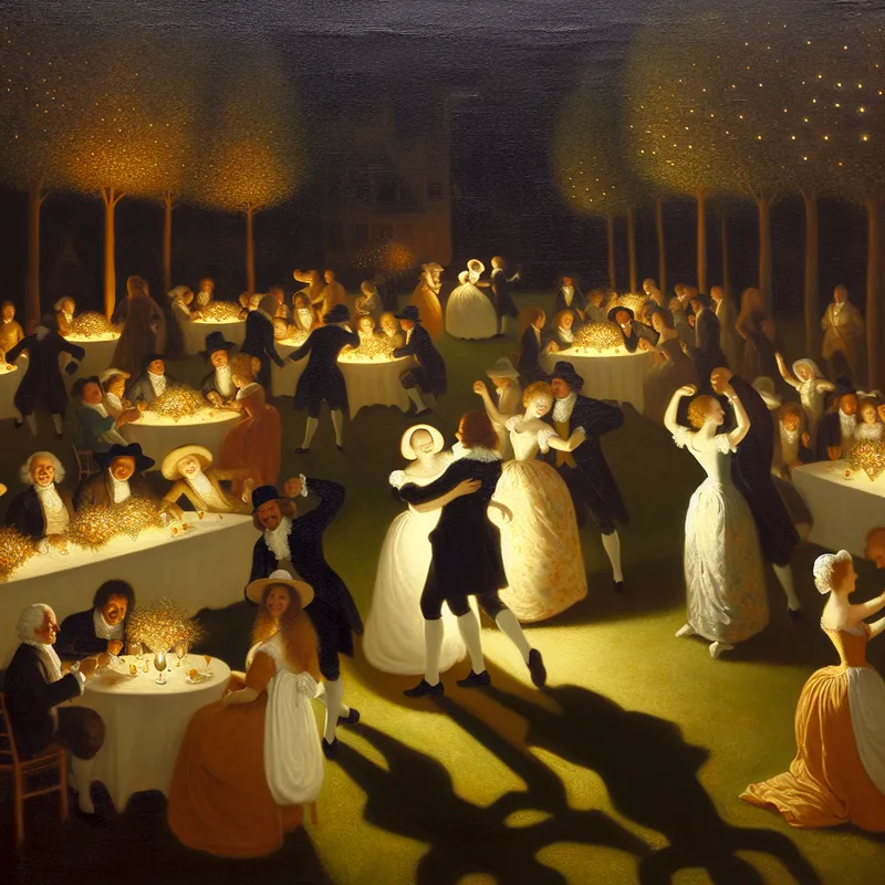 Een sfeervol huwelijksfeest in een prachtige tuin met elegant geklede gasten aan lange tafels, omringd door bloemen en sfeerverlichting.