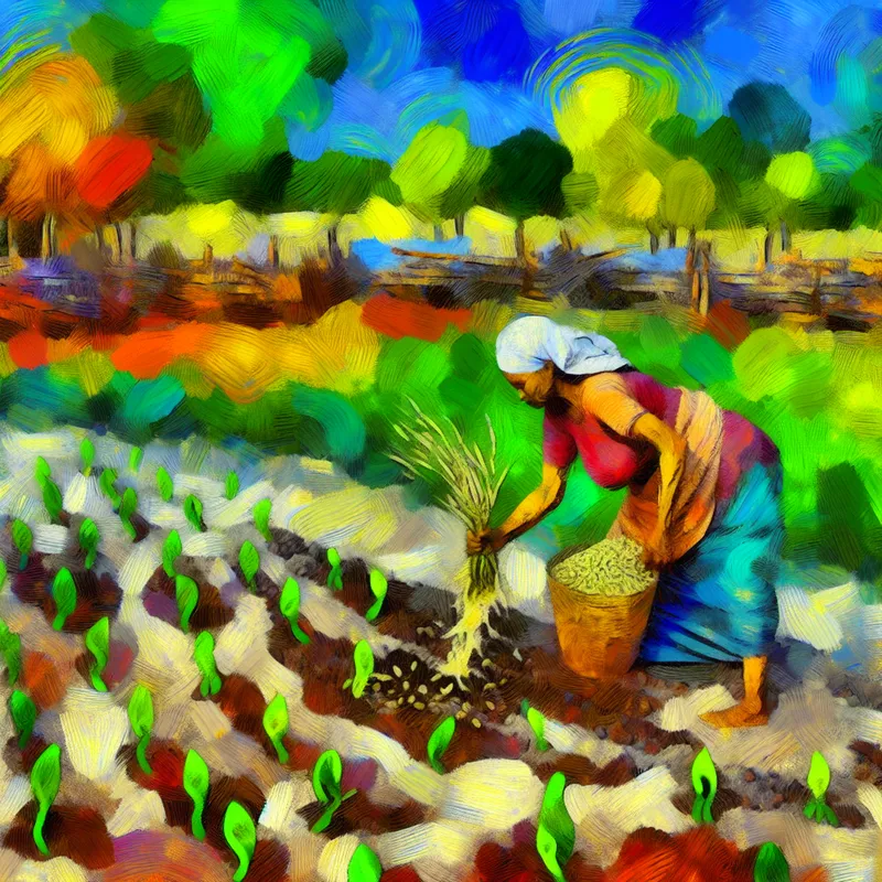 Abstracte uitdrukking van een tuinier die in het voorjaar bonen zaait in een chaotische, levendige tuin.