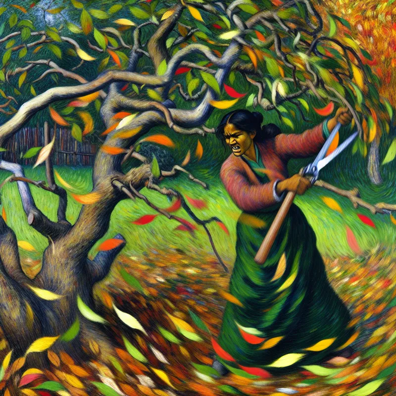 Een tuinier kapt agressief dikke takken van een grote appelboom terwijl kleurrijke herfstbladeren om hem heen waaien.