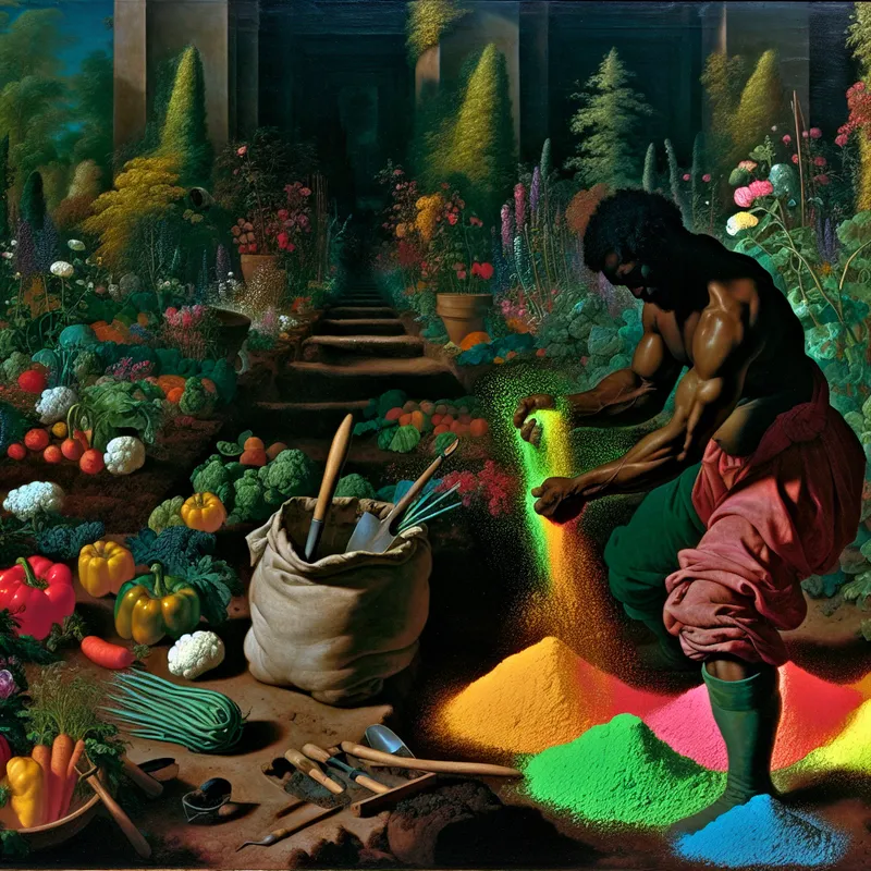 Een sterke tuinier mengt kleurrijke aarde met speciale plantenmaterialen in een weelderige tuin vol groenten en bloemen.